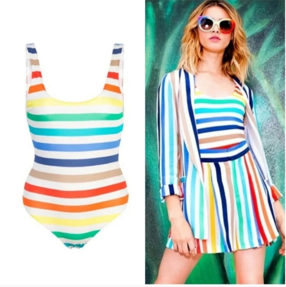 Alice + Olivia - Deanne Scoop Back Bodysuit Rainbow Stripe Size XL